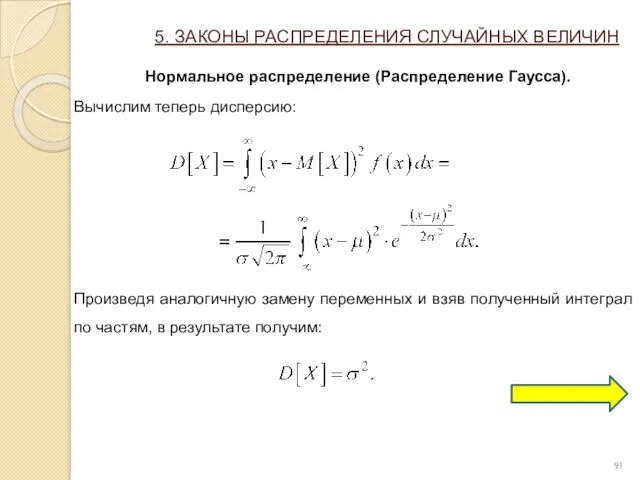 5. ЗАКОНЫ РАСПРЕДЕЛЕНИЯ СЛУЧАЙНЫХ ВЕЛИЧИН Нормальное распределение (Распределение Гаусса). Вычислим