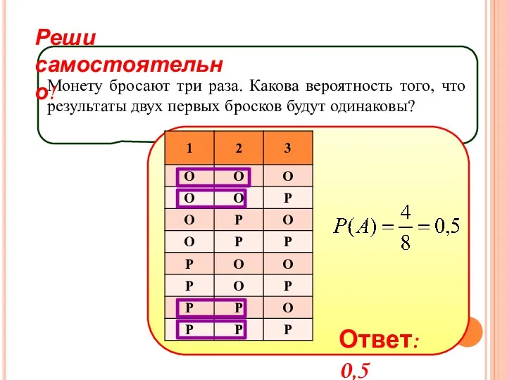 Монету бросают три раза. Какова вероятность того, что результаты двух первых бросков будут