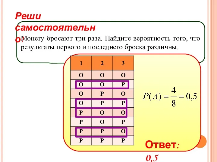 Монету бросают три раза. Найдите вероятность того, что результаты первого и последнего броска