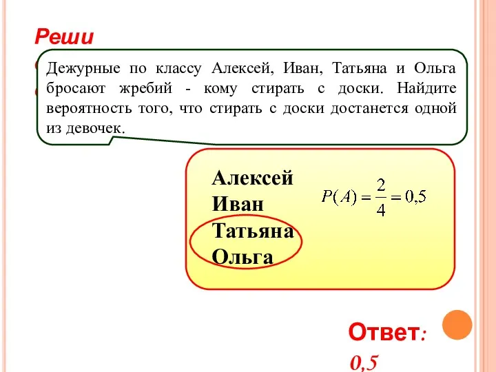 Реши самостоятельно! Дежурные по классу Алексей, Иван, Татьяна и Ольга бросают жребий -