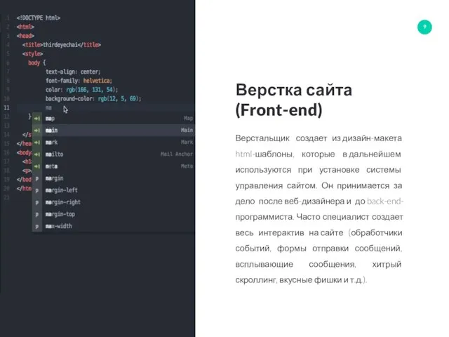 Верстка сайта (Front-end) Верстальщик создает из дизайн-макета html-шаблоны, которые в