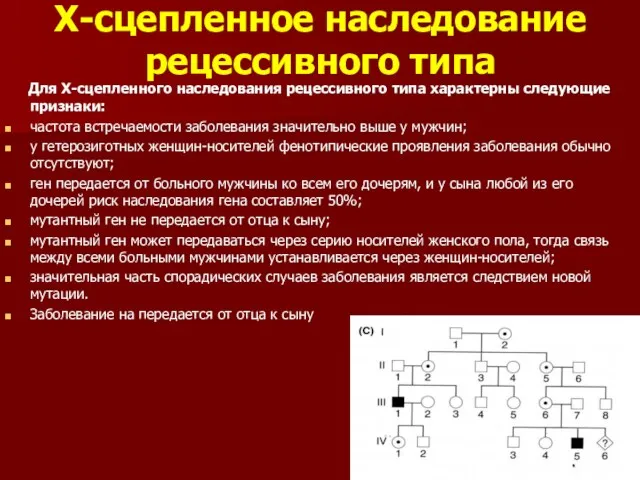 Х-сцепленное наследование рецессивного типа Для Х-сцепленного наследования рецессивного типа характерны