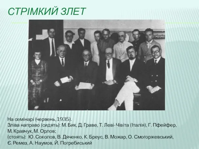 СТРІМКИЙ ЗЛЕТ На семінарі (червень, 1935). Зліва направо (сидять): М. Бик, Д. Граве,