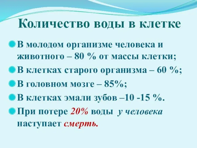 Количество воды в клетке В молодом организме человека и животного