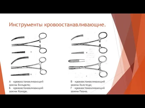 Инструменты кровоостанавливающие. А – кровоостанавливающий зажим Бильрота; Б – кровоостанавливающий