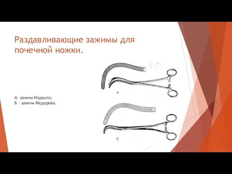 Раздавливающие зажимы для почечной ножки. А- зажим Израэля; Б – зажим Федорова.