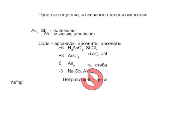 Простые вещества, и основные степени окисления ns2np3 As – мышьяк,