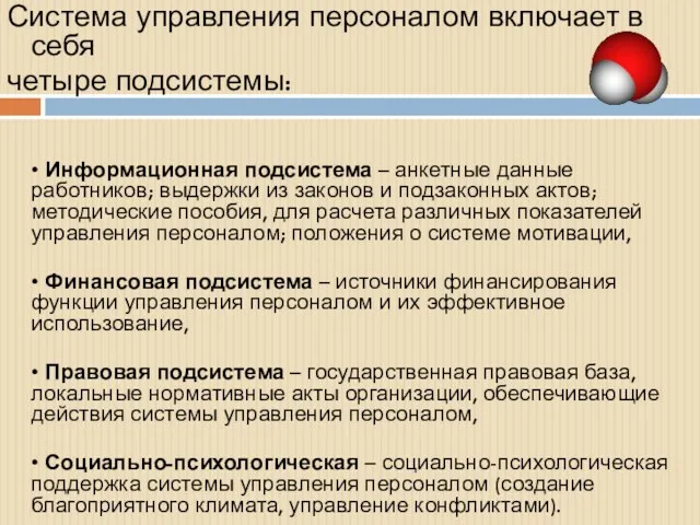 Система управления персоналом включает в себя четыре подсистемы: • Информационная