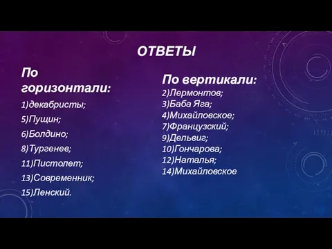 ОТВЕТЫ По горизонтали: 1)декабристы; 5)Пущин; 6)Болдино; 8)Тургенев; 11)Пистолет; 13)Современник; 15)Ленский.