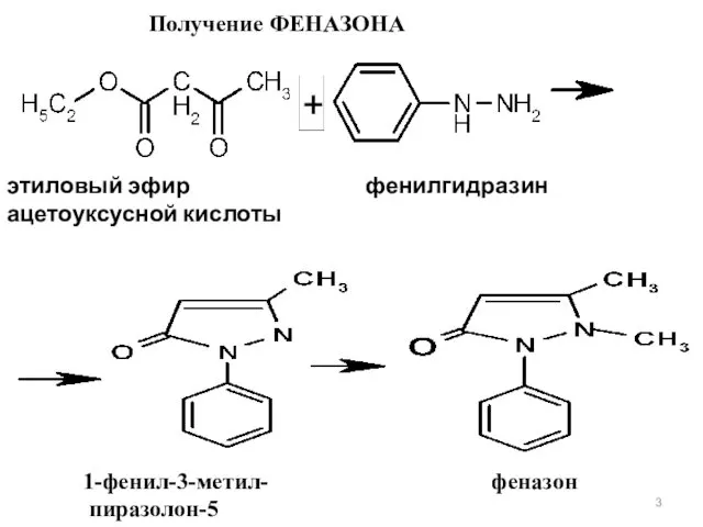 этиловый эфир фенилгидразин ацетоуксусной кислоты 1-фенил-3-метил- феназон пиразолон-5 Получение ФЕНАЗОНА