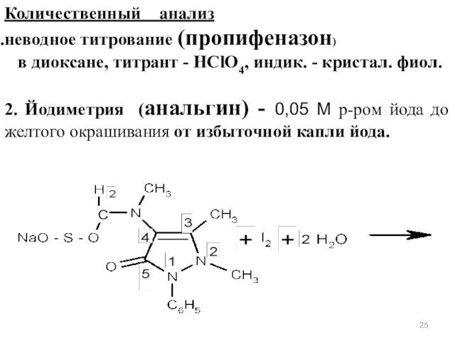 Количественный анализ неводное титрование (пропифеназон) в диоксане, титрант - HClO4,