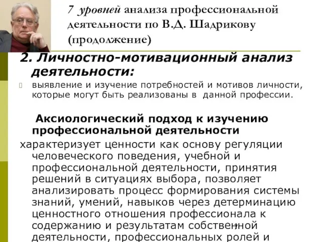7 уровней анализа профессиональной деятельности по В.Д. Шадрикову (продолжение) 2.