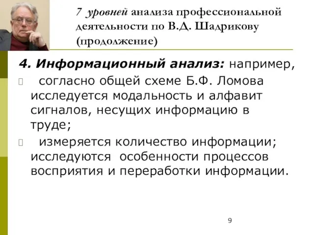 7 уровней анализа профессиональной деятельности по В.Д. Шадрикову (продолжение) 4.