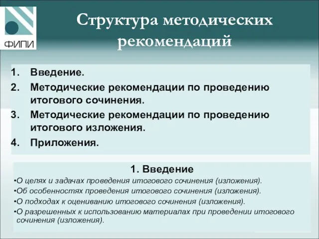 Структура методических рекомендаций Введение. Методические рекомендации по проведению итогового сочинения.