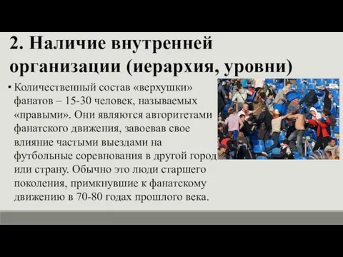 2. Наличие внутренней организации (иерархия, уровни) Количественный состав «верхушки» фанатов