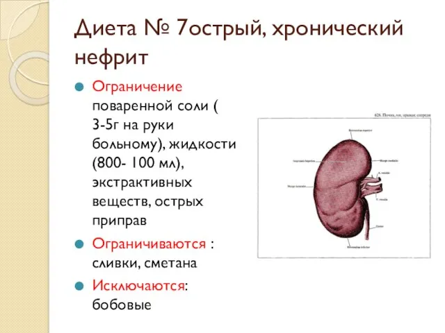 Диета № 7острый, хронический нефрит Ограничение поваренной соли ( 3-5г