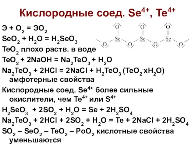 Кислородные соед. Se4+, Te4+ Э + О2 = ЭО2 SeO2