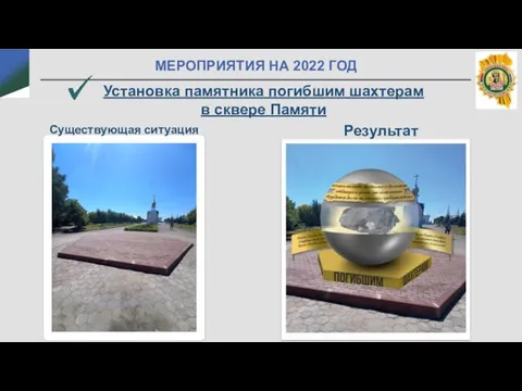 МЕРОПРИЯТИЯ НА 2022 ГОД Установка памятника погибшим шахтерам в сквере Памяти Существующая ситуация Результат