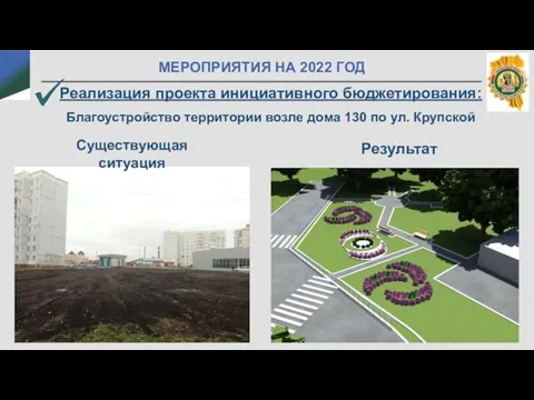 МЕРОПРИЯТИЯ НА 2022 ГОД Реализация проекта инициативного бюджетирования: Благоустройство территории возле дома 130