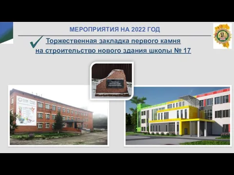 МЕРОПРИЯТИЯ НА 2022 ГОД Торжественная закладка первого камня на строительство нового здания школы № 17