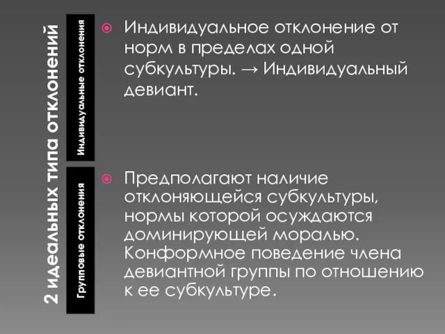 2 идеальных типа отклонений Индивидуальные отклонения Групповые отклонения Индивидуальное отклонение