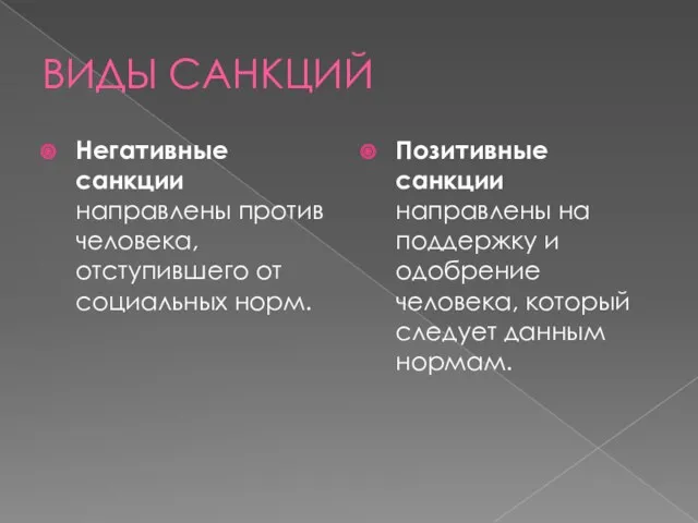 ВИДЫ САНКЦИЙ Негативные санкции направлены против человека, отступившего от социальных