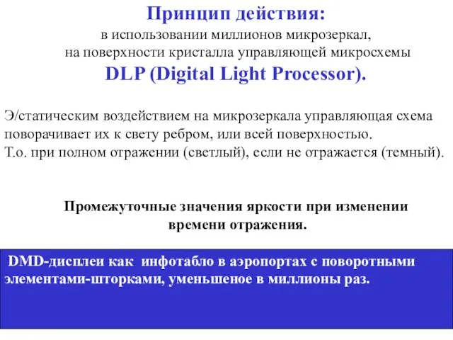 Принцип действия: в использовании миллионов микрозеркал, на поверхности кристалла управляющей