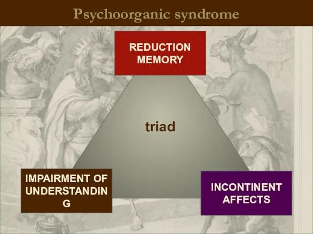 Psychoorganic syndrome triad IMPAIRMENT OF UNDERSTANDING REDUCTION MEMORY INCONTINENT AFFECTS