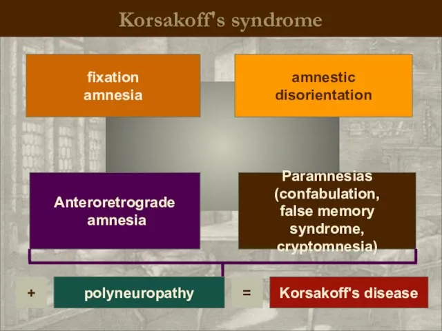 Korsakoff's syndrome Paramnesias (confabulation, false memory syndrome, cryptomnesia) fixation amnesia