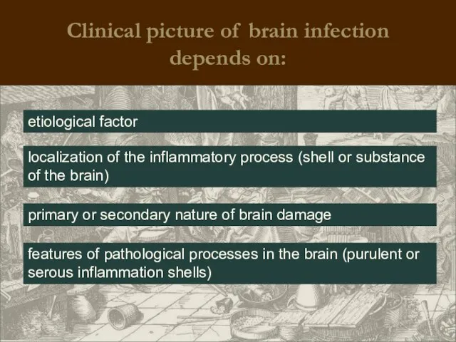 Clinical picture of brain infection depends on: etiological factor localization