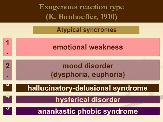 Exogenous reaction type (K. Bonhoeffer, 1910) Atypical syndromes hallucinatory-delusional syndrome