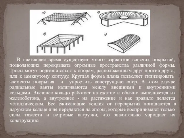 В настоящее время существует много вариантов висячих покрытий, позволяющих перекрывать