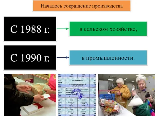 С 1988 г. Началось сокращение производства в сельском хозяйстве, С 1990 г. в промышленности.