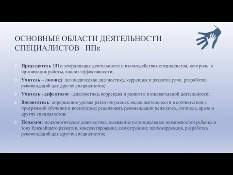 ОСНОВНЫЕ ОБЛАСТИ ДЕЯТЕЛЬНОСТИ СПЕЦИАЛИСТОВ ППк Председатель ППк: координация деятельности и