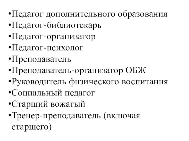 Педагог дополнительного образования Педагог-библиотекарь Педагог-организатор Педагог-психолог Преподаватель Преподаватель-организатор ОБЖ Руководитель