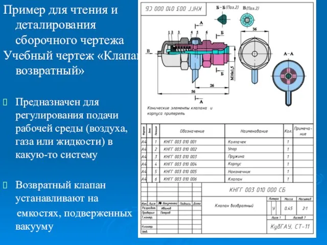 Пример для чтения и деталирования сборочного чертежа Учебный чертеж «Клапан