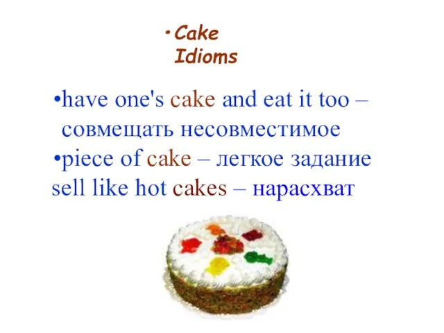 Cake Idioms have one's cake and eat it too –