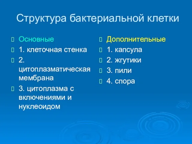 Структура бактериальной клетки Основные 1. клеточная стенка 2. цитоплазматическая мембрана