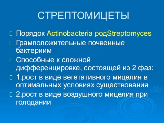 СТРЕПТОМИЦЕТЫ Порядок Actinobacteria родStreptomyces Грамположительные почвенные бактериим Способные к сложной