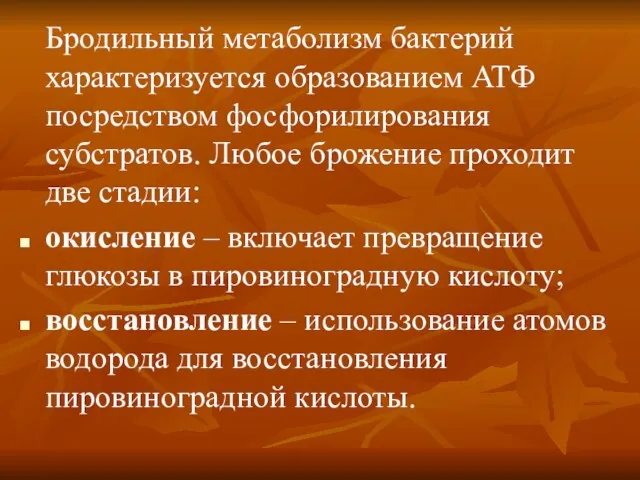 Бродильный метаболизм бактерий характеризуется образованием АТФ посредством фосфорилирования субстратов. Любое