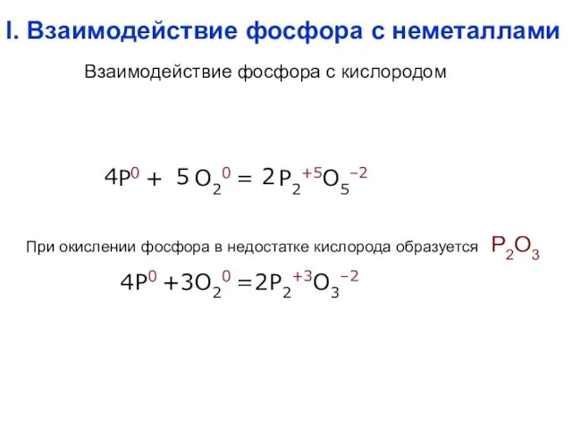 I. Взаимодействие фосфора с неметаллами P0 + O20 = P2+5O5–2
