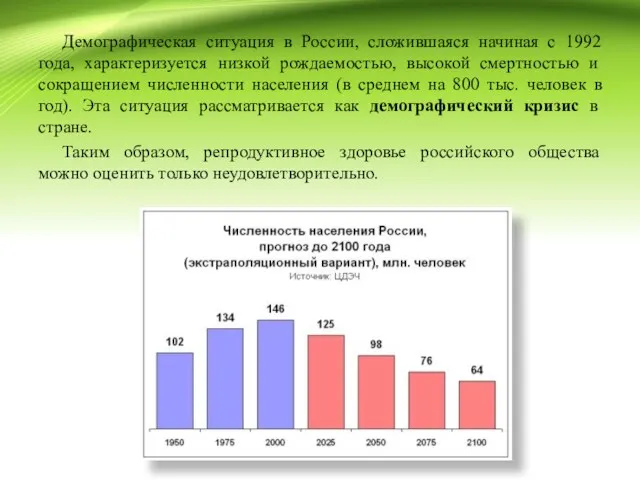 Демографическая ситуация в России, сложившаяся начиная с 1992 года, характеризуется низкой рождаемостью, высокой