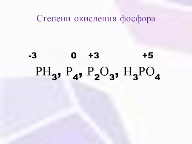 Степени окисления фосфора -3 0 +3 +5 РН3, Р4, Р2О3, Н3РО4