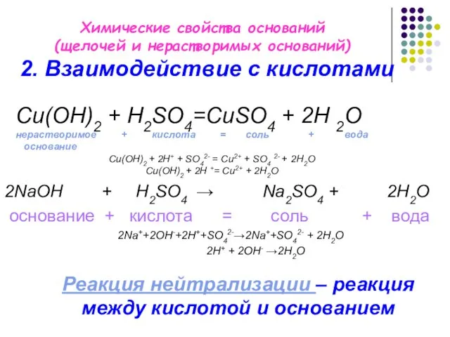 Химические свойства оснований (щелочей и нерастворимых оснований) 2NaOH + H2SO4