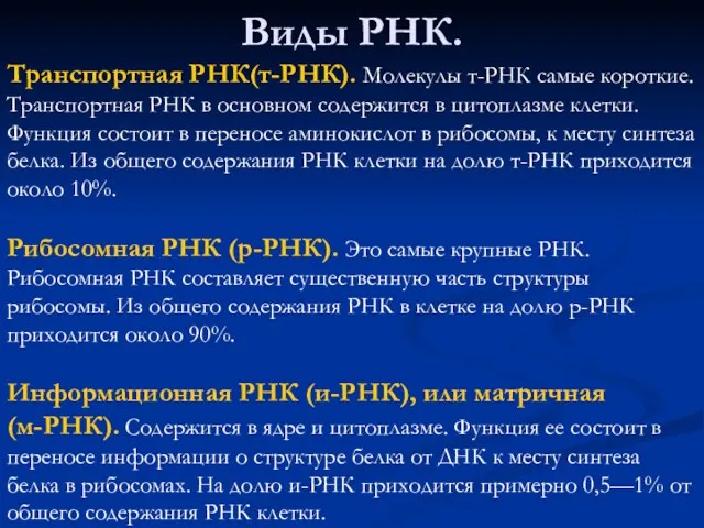 Виды РНК. Транспортная РНК(т-РНК). Молекулы т-РНК самые короткие. Транспортная РНК