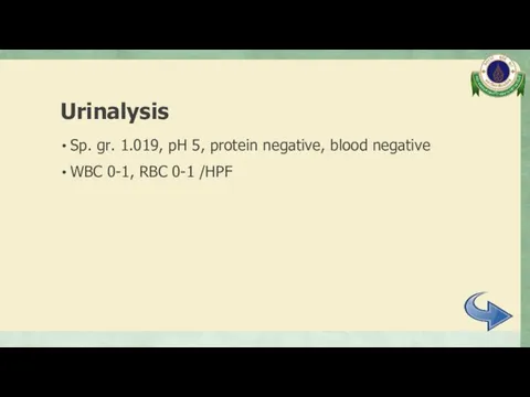 Urinalysis Sp. gr. 1.019, pH 5, protein negative, blood negative WBC 0-1, RBC 0-1 /HPF