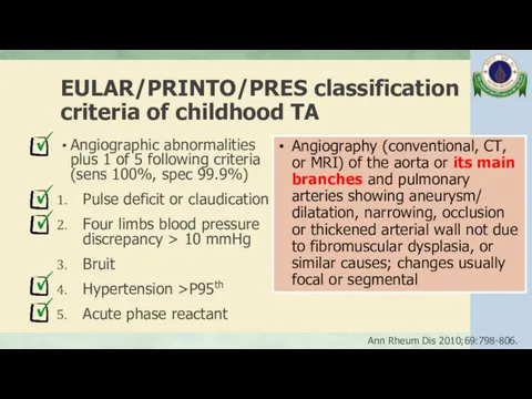 EULAR/PRINTO/PRES classification criteria of childhood TA Angiographic abnormalities plus 1