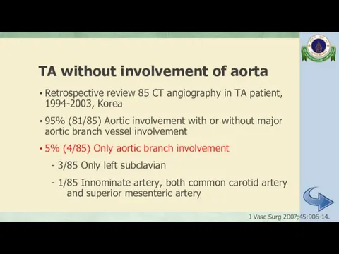 TA without involvement of aorta Retrospective review 85 CT angiography