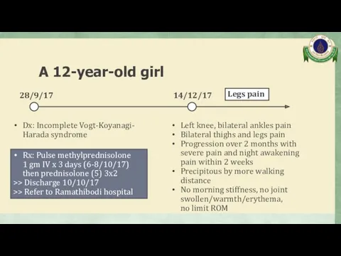 A 12-year-old girl Dx: Incomplete Vogt-Koyanagi- Harada syndrome 28/9/17 Rx: