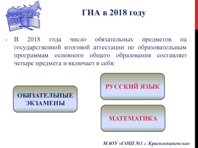 ГИА в 2018 году МАОУ «СОШ №1 г. Краснознаменска» В 2018 года число